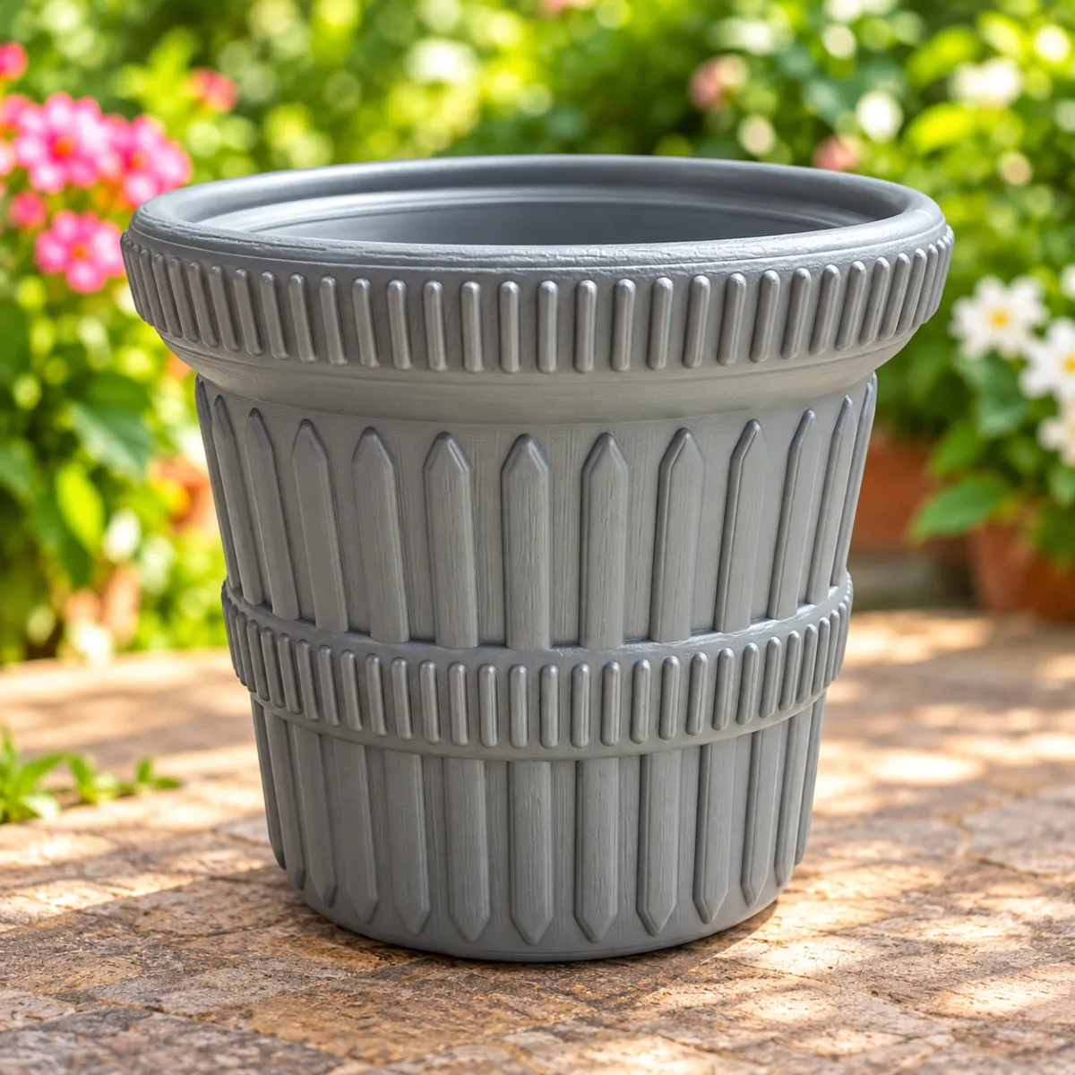 Grey-decorative-ribbed-plastic-flower-pot